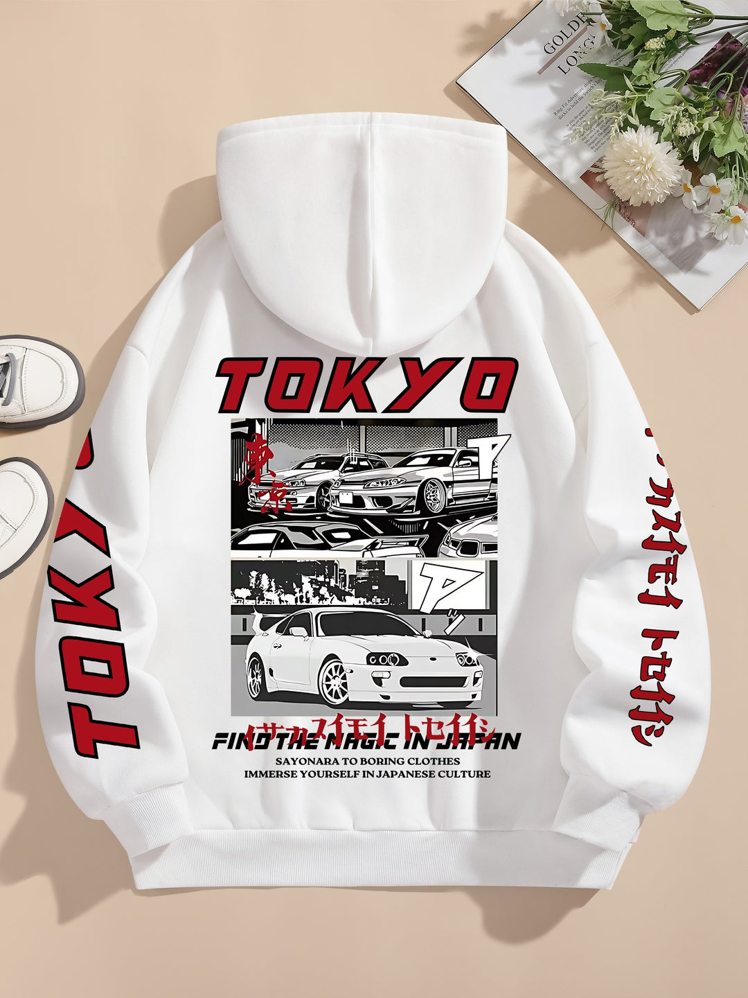 Women'S Casual Hooded Sweatshirt with Graphic Car Print, 100% Polyester Knit Fabric, All-Season Drawstring Hoodie, 250gsm - Fashionable & Comfortable