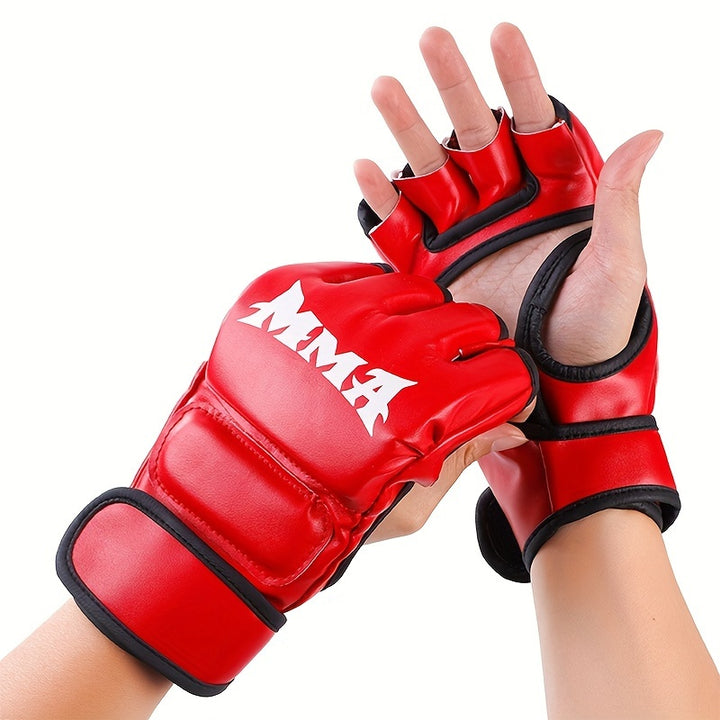 1 Pair Adult Half-Finger MMA Boxing Gloves with Hook & Loop Closure - Durable PU Material, Available in White/Red/Black