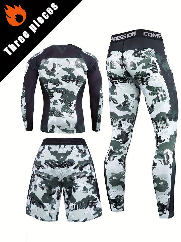 Men's 3pcs Camo Compression Set: Breathable, Non-Stick Athletic Gear for Outdoor & Training - Includes Long Sleeve Top, Shorts & Leggings