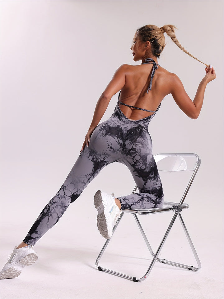 Tie Dye Halter Neck Sports Jumpsuits, Seamless Backless Sexy Yoga Workout Catsuit, Women's Activewear