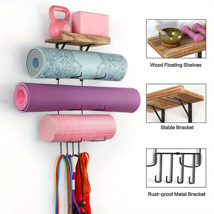 Yoga Mat Holder Accessories Wall Mount Organizer Storage Decor Foam Roller and Towel Storage Rack with 4 Hooks and Wooden Shelves Yoga Mats Rack Resistance Bands for Home Gym School Office