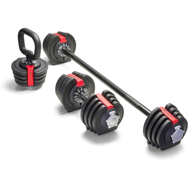 Home Fitness Black/Red Adjustable Smart Barbell/Dumbbell/Kettlebell from 2kg up to 19kg Training Weights