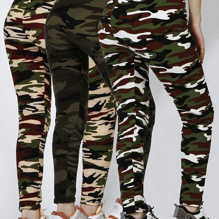 3pcs Women's High-Waist Camo Print Leggings - Stretchy, Breathable Activewear for Running & Fitness, Machine Washable