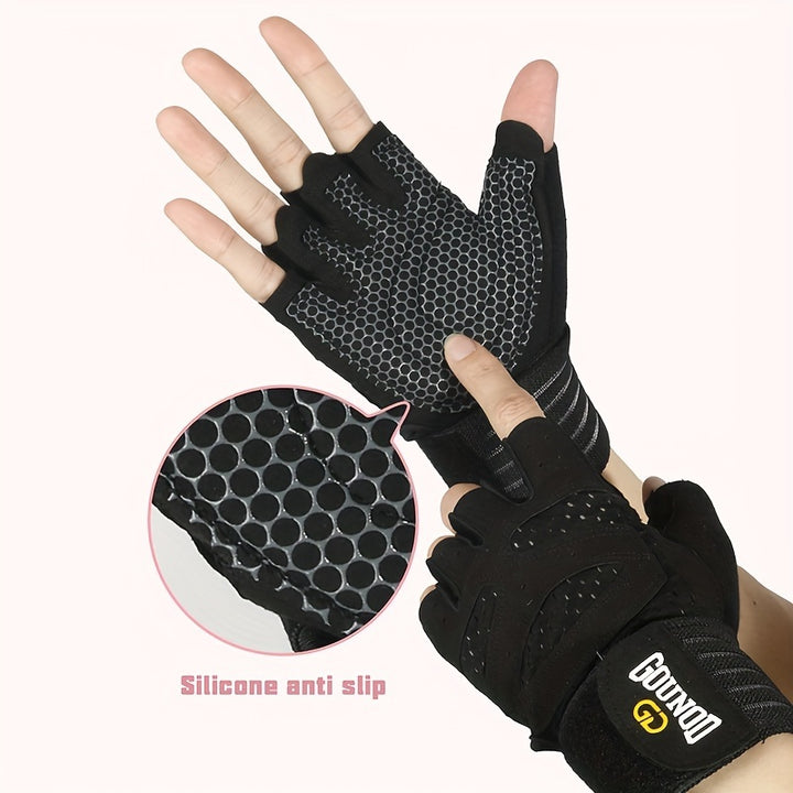 Enhanced Wrist Support Half-Finger Fitness Gloves - Durable Polyester, Ideal for Weightlifting & Barbell Training