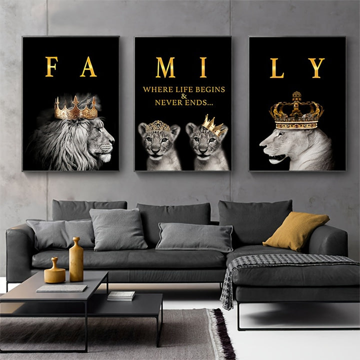 3pcs 15.7*23.6in/40cm*60cm Frameless Modern Abstract Family Of Lions Motivational Quotes Wall Art Canvas Painting Art for Living Room Cuadros Decor No Frame