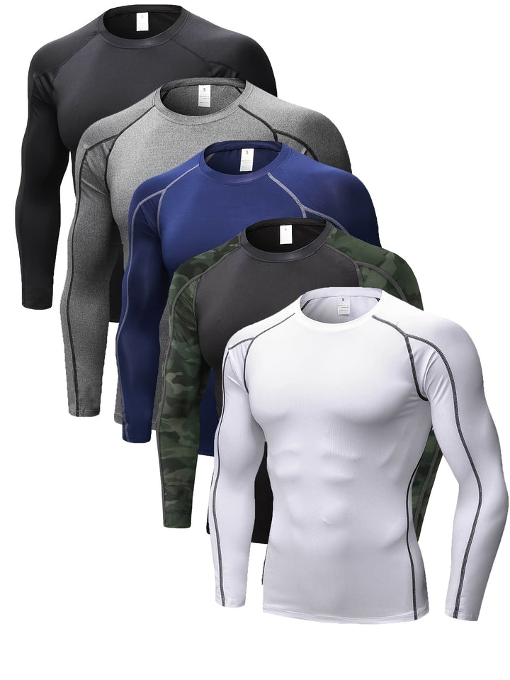 5pcs Men's Long Sleeve Quick-Dry, Moisture-Wicking Compression T-Shirts - Spandex/Polyester Athletic Tops in Black, Gray, Navy, White & Camo for Running & Training, Gym Shirts