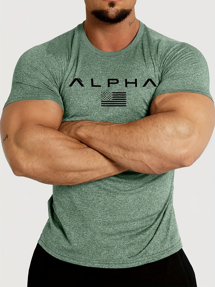 American Flag Alpha Print Comfortable Fit Crew Neck Short Sleeve T-Shirt - Soft, Breathable, Versatile, and Athletic Style for Spring and Summer - Perfect Gift for Men