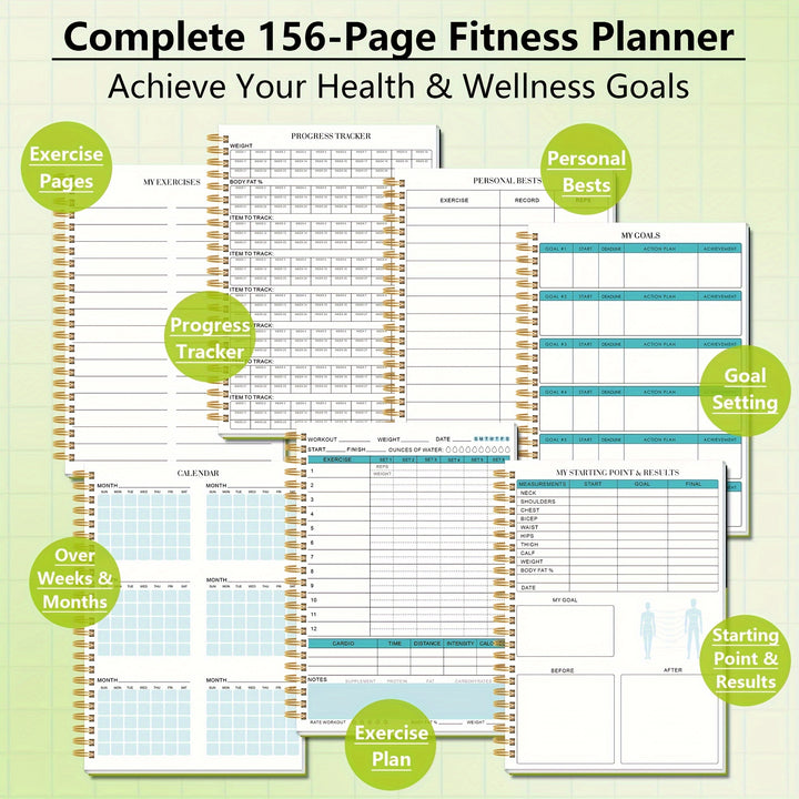 Premium Spiral-Bound Fitness Logbook - Green & Black, 14.61 x 21.01cm, 156 Pages, Thick Paper for Weight Loss, Muscle Gain & Health Tracking