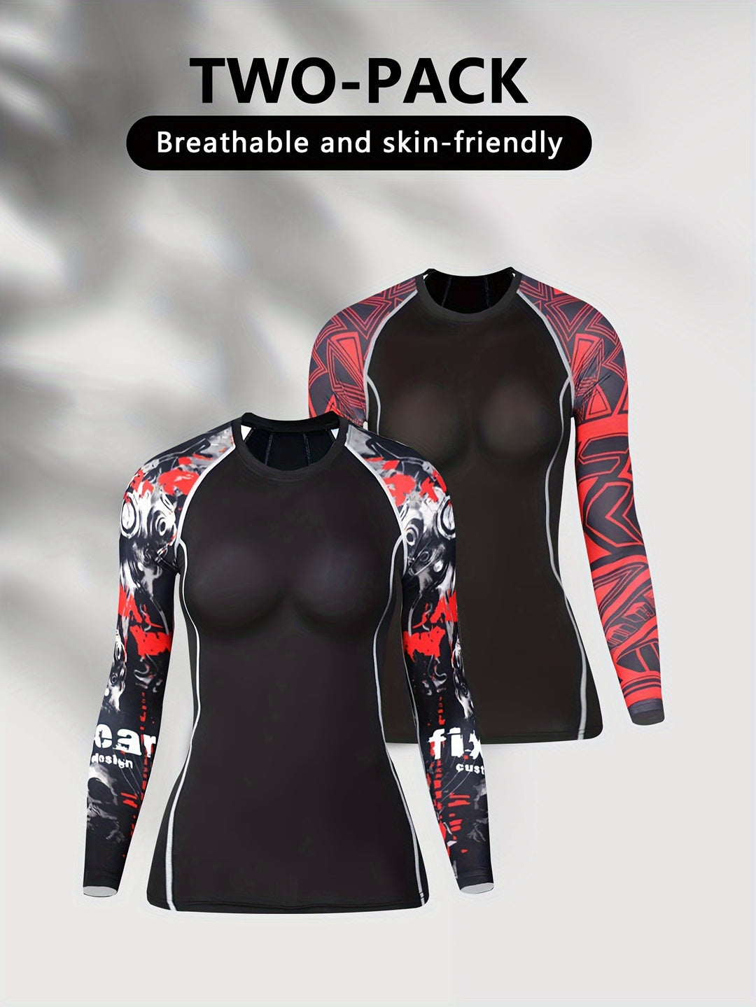 2pcs Women'S Compression Sports Tops, Quick-Dry Long Sleeve Fitness Shirts, Breathable Soft Knit Fabric, Crew Neck, High Stretch Polyester, with Unique Print Design for Yoga & Running