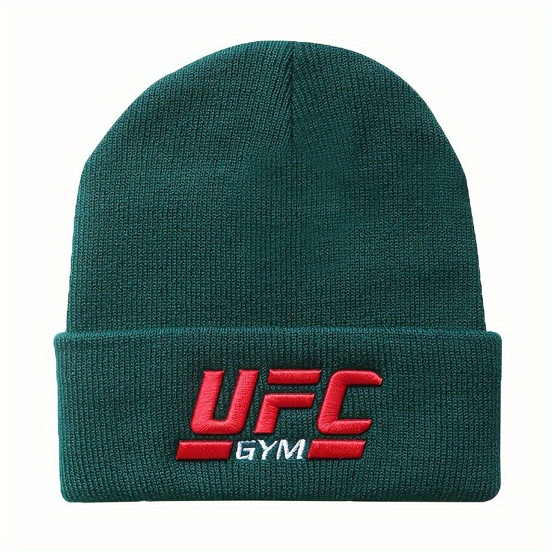 1pc Men's UFC-Inspired Knit Beanie - Black with Red & White Logo, 100% Acrylic, Stretchy Ribbed Winter Sports Hat, Hip Hop Style