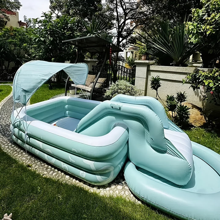 Family Outdoor Swimming Pool with Sunshade, Slide, and Inflatable Castle - Foldable, Thick PVC Material