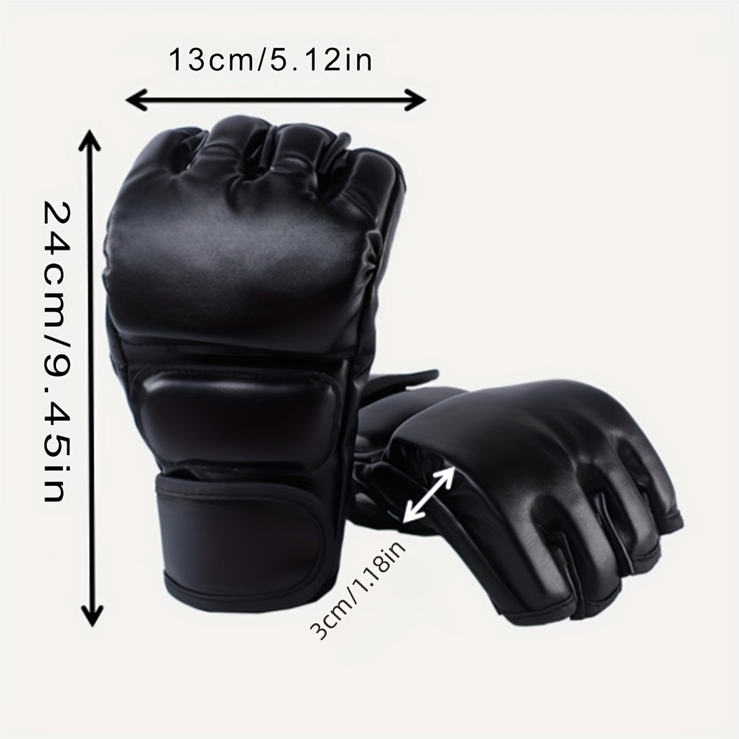 Adult Half-Finger Boxing Gloves - Durable PU Material, Black Knit Design for Sports & Fitness