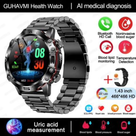 2024 New Blood Lipids Uric Acid Blood Glucose Smart Watch For Men ECG+PPG Fitness Tracker Clock Bluetooth Call Health Smartwatch