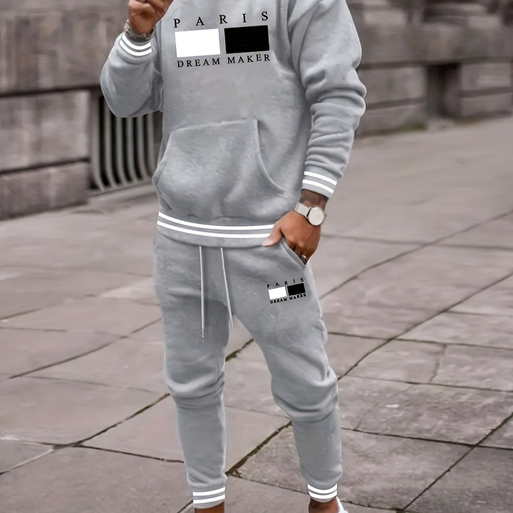 2pcs Stylish Men's Paris Letter Print Hooded Sweatshirt & Drawstring Waist Sweatpants Set - Sweatsuits - Comfortable Casual Wear for Daily Life - Soft Fleece Lining - Adjustable Drawstring Waistband - Relaxed Fit