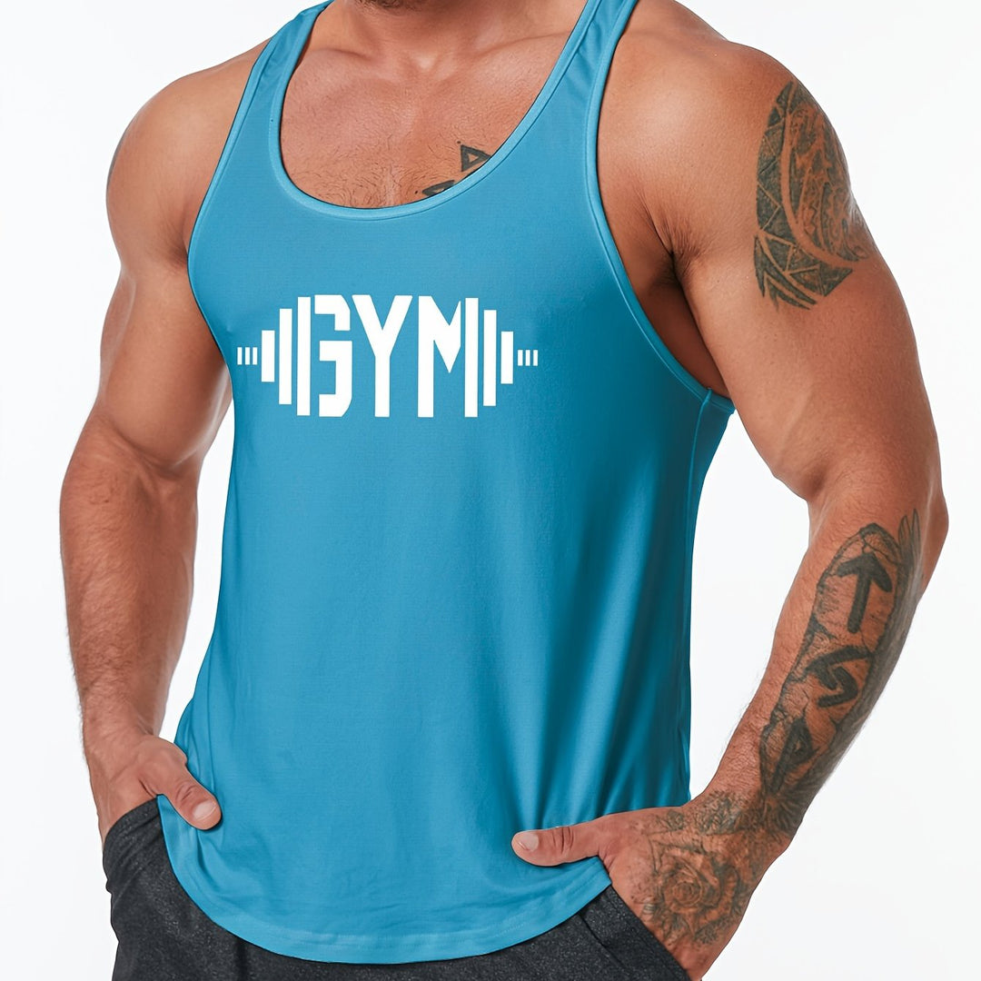 GYM Dumbbell Pattern Men's Summer Tank Top, Men's Breathable Lightweight Top For Fitness