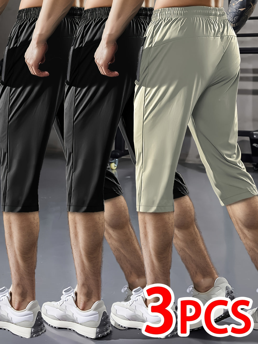 3pcs Men'S Casual Active Polyamide Shorts, High Stretch Knit Fabric, Solid Color, Straight Leg, with Pockets, Elastic Waist with Drawstring