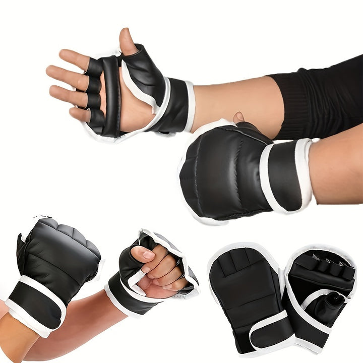 Premium Black Half-Finger Boxing Gloves for Adults - Durable Faux Leather, Easy Pull-On Design, Pro-Grade