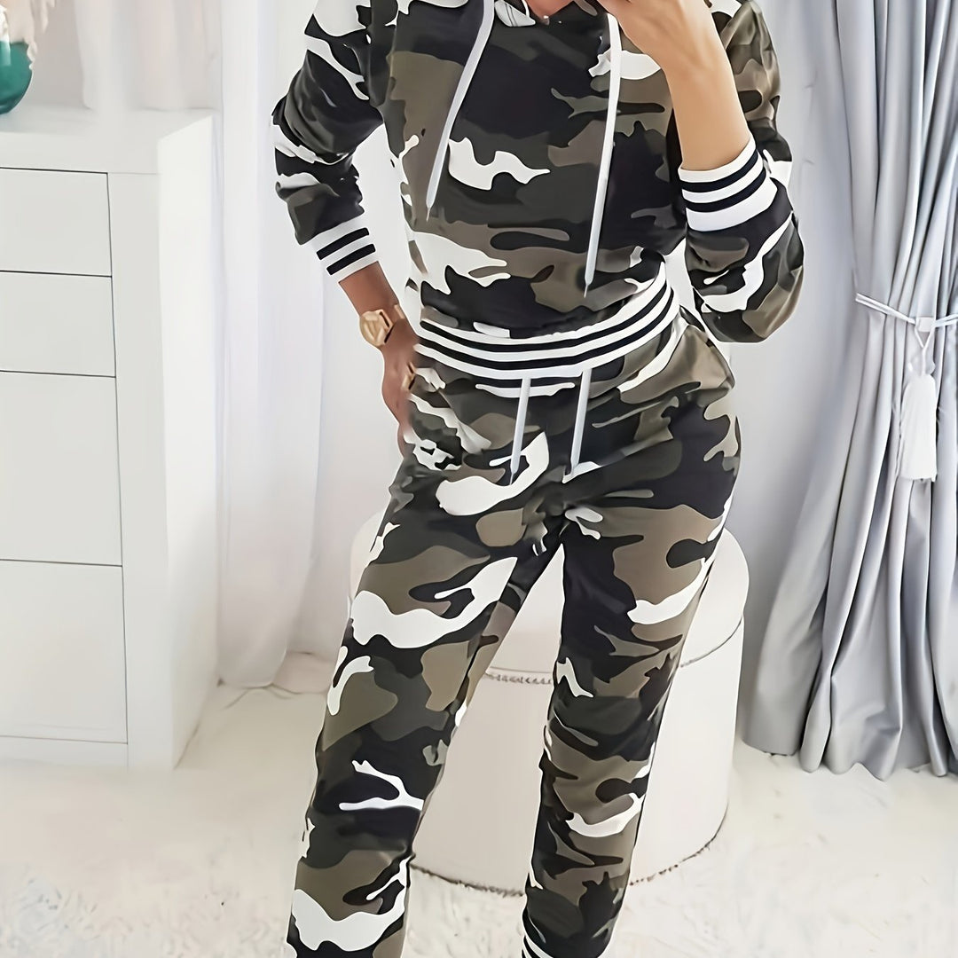 1set Women'S Camouflage Pattern Casual Hoodie and Pants Set, Polyester Knit Fabric with Pockets, Autumn/Winter Season, Fashionable Loungewear Outfit