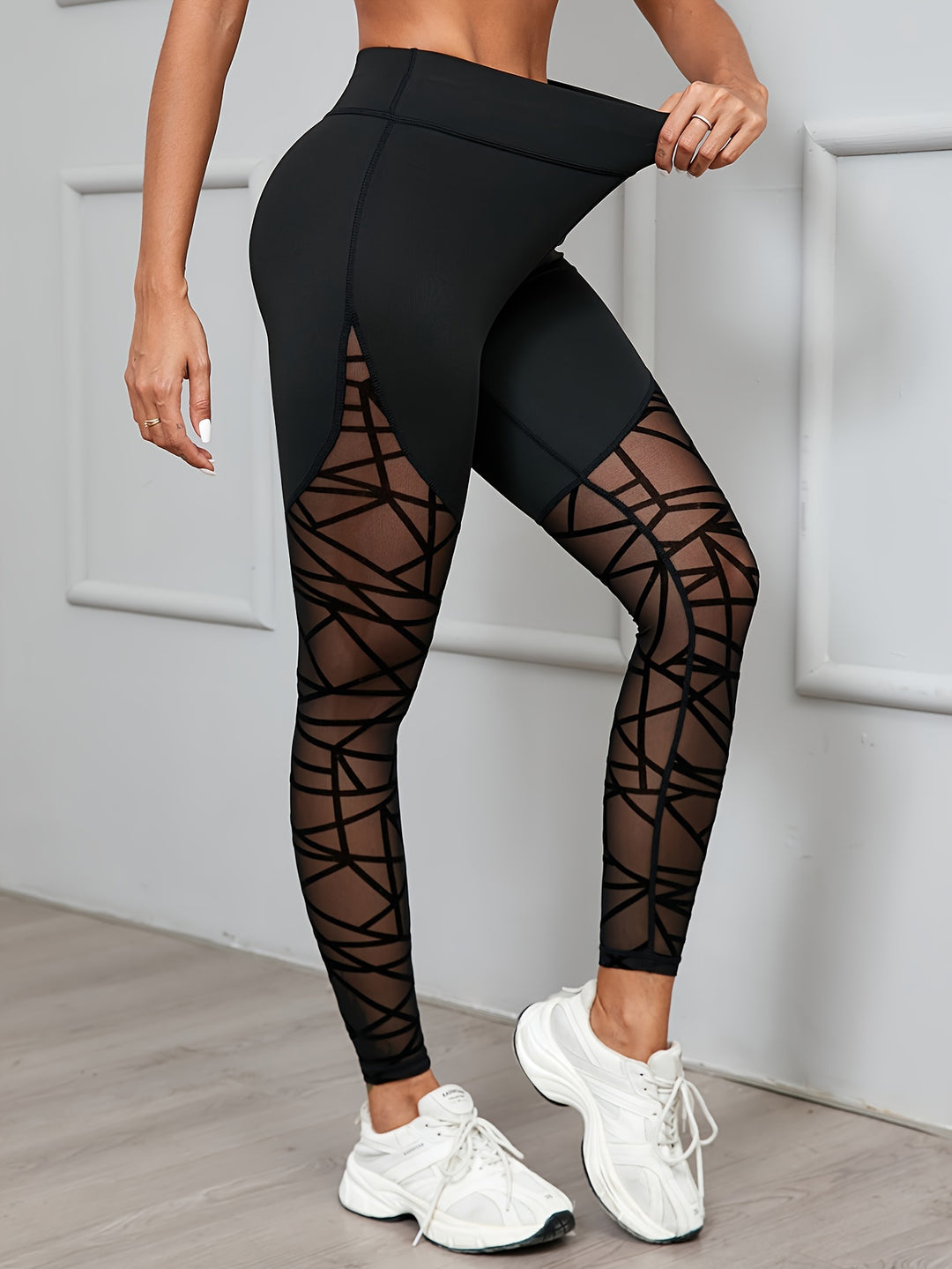 Women's High Waist Geometric Mesh Stitching Daily Fitness Yoga Leggings, Women's Activewear