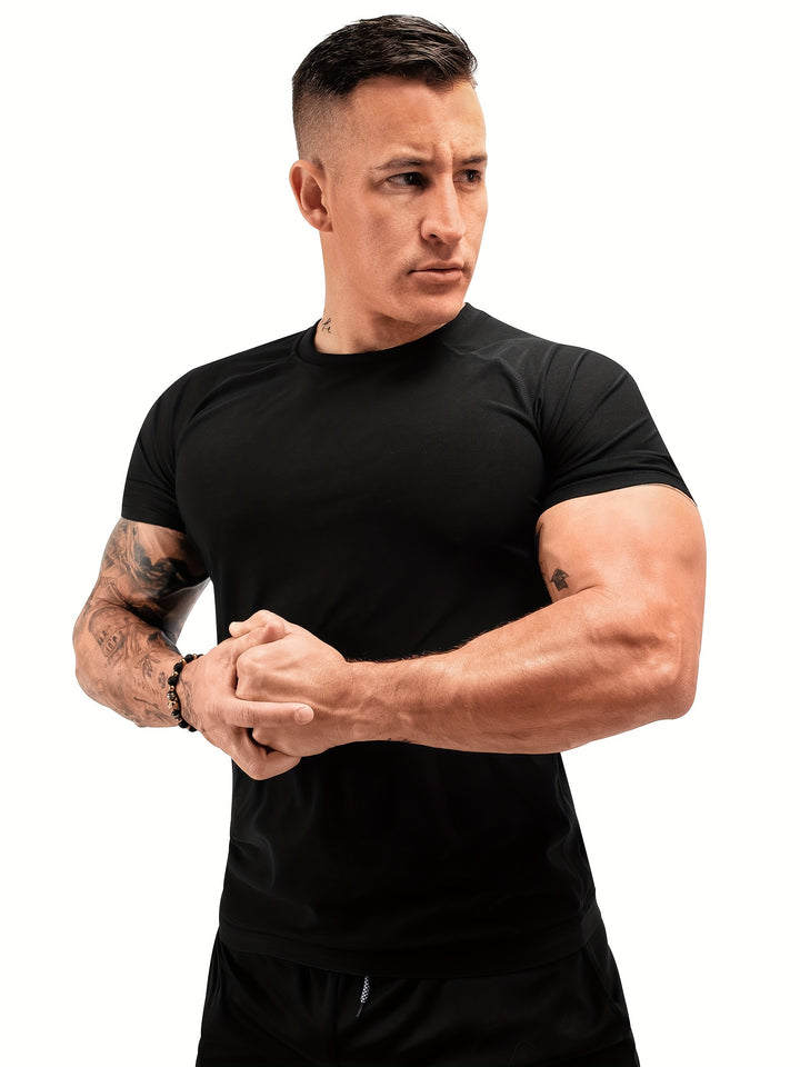 Men's Solid Skinny Fit Crew Neck And Short Sleeve Sauna Sweat T-shirt, Stretchable And Active Sports Tops Versatile For Summer Body-shaping, Fitness And Gym Wear