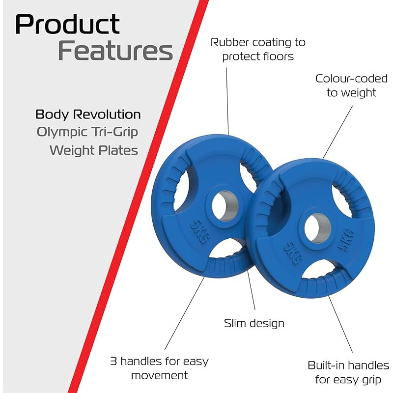 Weight Plates for 2" Barbells, Rubber Tri-Grip Design for Powerlifting, Body Building & Home Gym Strength Training