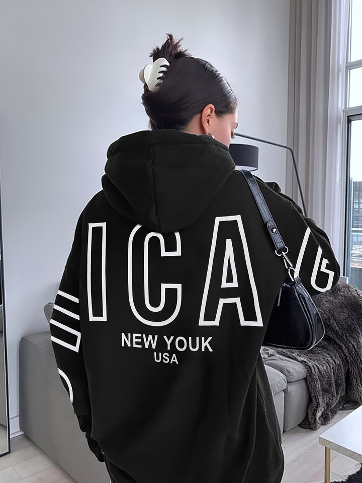 SPECHIR Chic Women's Black Hoodie with White "NEW YORK" Lettering - Elegant Polyester Knit, Long Sleeve, Drop Shoulder Design, Machine Washable for Fall/Winter, Oversized Hoodie