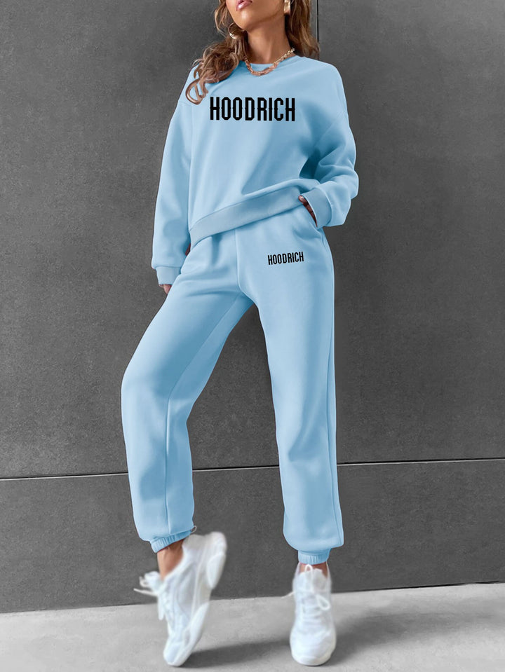 Women's Casual Fashion Geometric HOODRICH Letter Pattern Print Hoodie and Sweatpants Set - Long Sleeve, Round Neck, Polyester Blend, Perfect for Fall and Winter