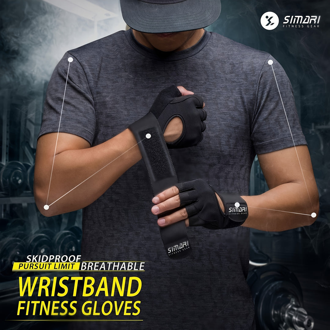 1 Pair Fingerless Gym Gloves with Wrist Support - Full Palm Protection, Breathable & Comfortable for Weightlifting, Training, Pull-Ups - Black Polyester Blend, Knit Fabric, Gym Accessories