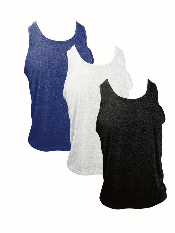 Men's 3pcs Set Of Casual And Chic Solid Crew Neck Sleeveless Sports Tank Tops, Sports Vest Suitable For Summer Fitness, Workout And Training Wear