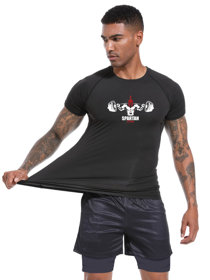 Illustration Pattern And Letter Print "SPARTAN GYM" Crew Neck And Short Sleeve Compression T-shirt, High Stretch And Quick Dry Tops For Men's Summer Fitness/Gym/Training Wear