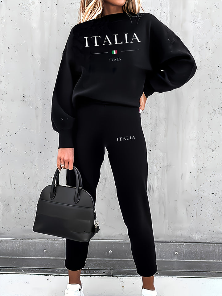 Italia Print Two-piece Pants Set, Casual Long Sleeve Fleece-lined Crew Neck Sweatshirt & Patched Pocket Pants Outfits For Fall & Winter, Women's Clothing