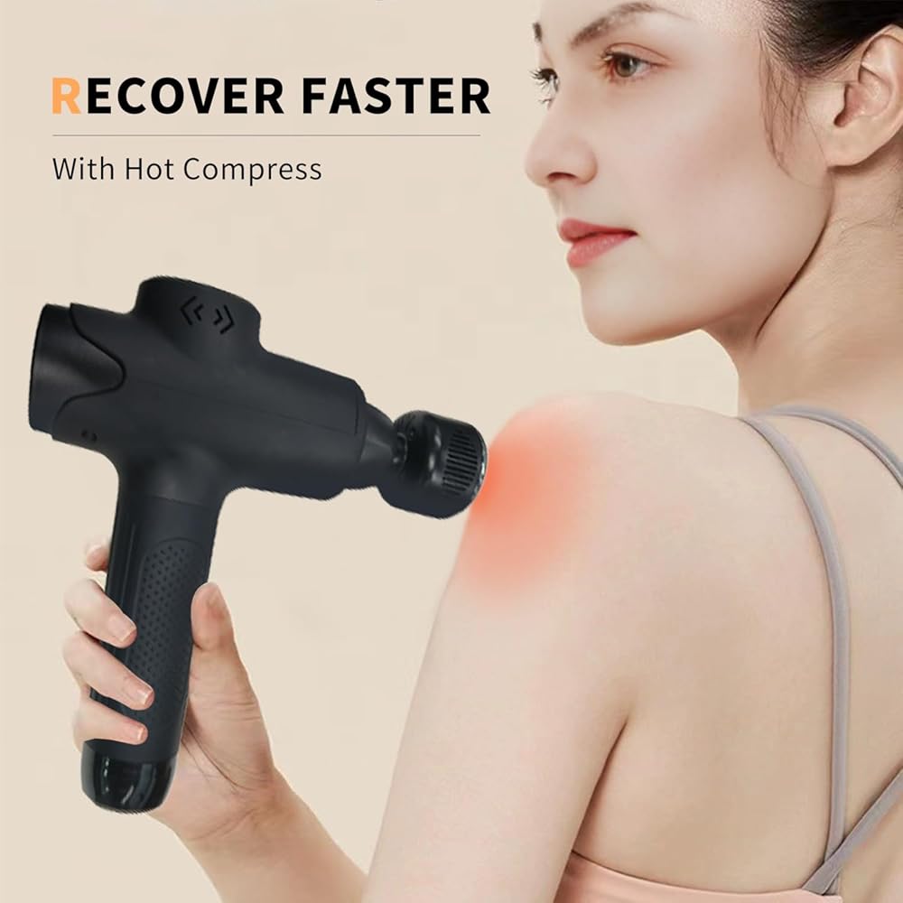 2024-New Mas Gun Deep Tissue, Muscle Mas Gun with Heat and Cold 14mm Amplitude Portable Percussion Muscle Masr with LCD Touch Screen Quiet Hand Masr with 8 Heads for Body Back Relaxation