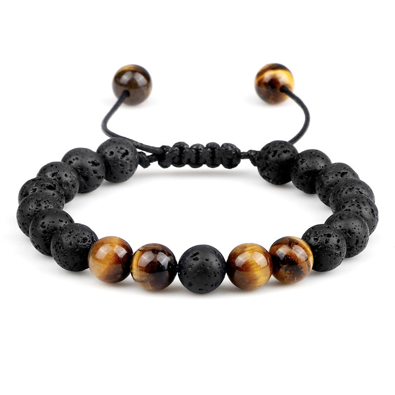 8mm Men Bracelets Black Lava Beads Bracelet Tiger Eye Adjustable