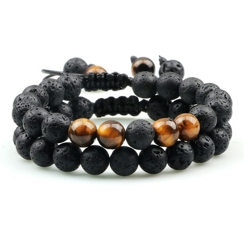 8mm Men Bracelets Black Lava Beads Bracelet Tiger Eye Adjustable