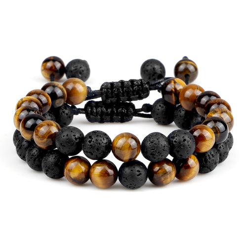 8mm Men Bracelets Black Lava Beads Bracelet Tiger Eye Adjustable