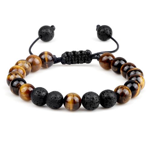 8mm Men Bracelets Black Lava Beads Bracelet Tiger Eye Adjustable