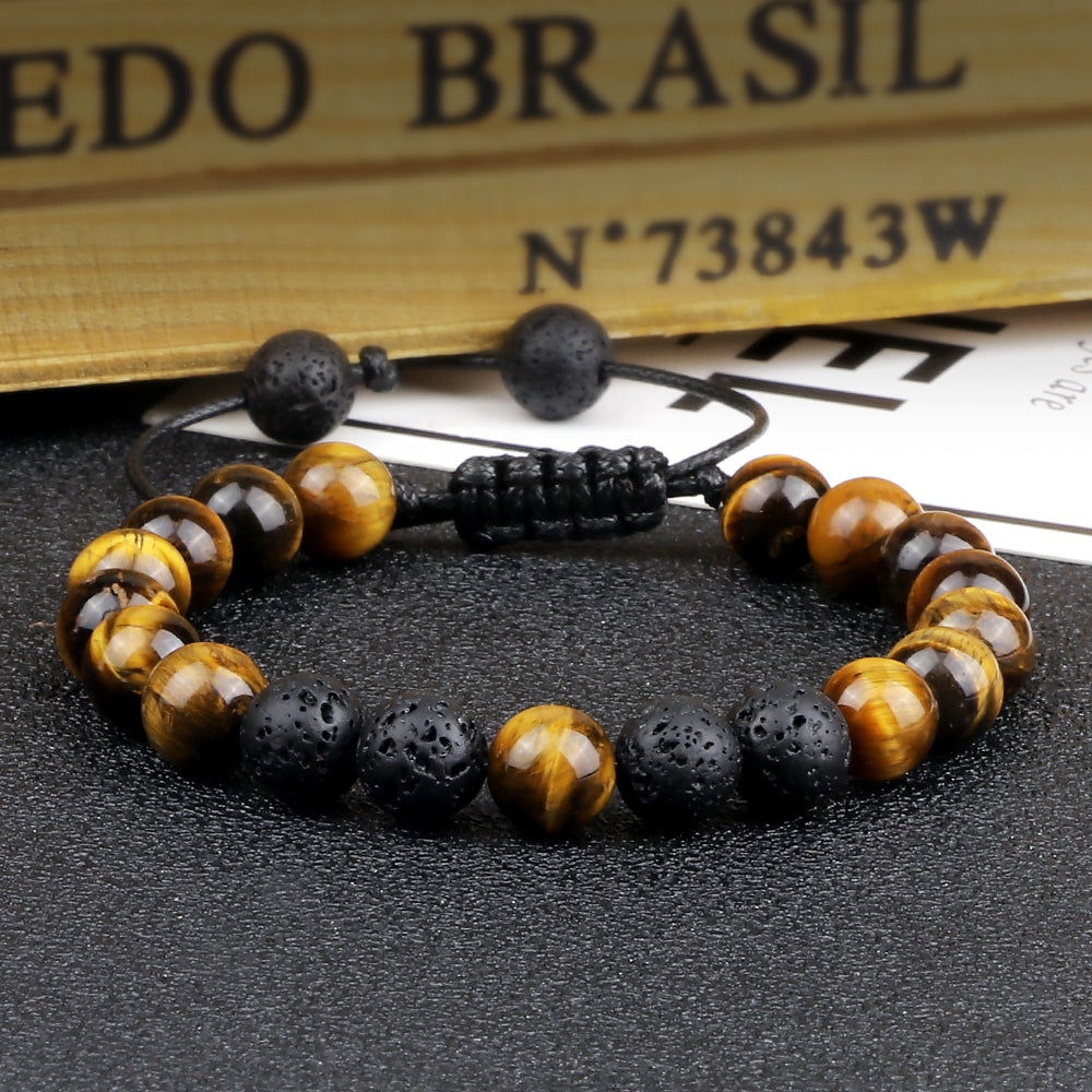 8mm Men Bracelets Black Lava Beads Bracelet Tiger Eye Adjustable