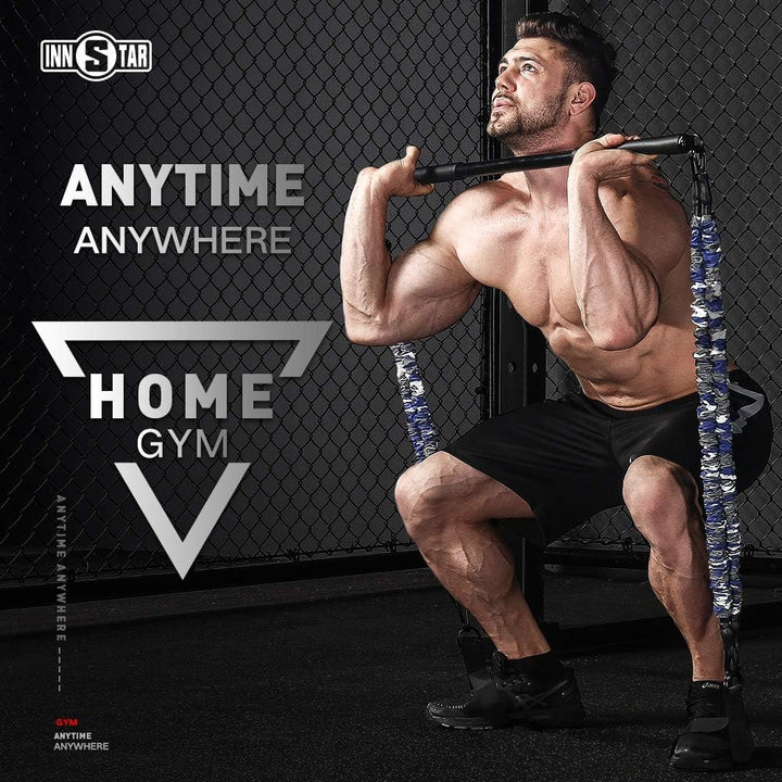 NEW Portable Home Gym Set with Workout Bar, Bench Press Set, Squat Resistance Band, Door Anchor and More-Full Body Workout Equipment to Build Muscle and Shape Body