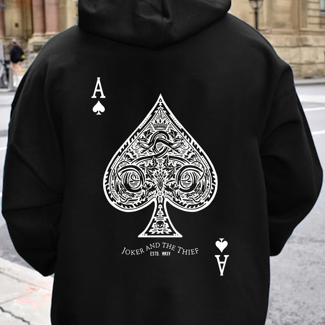 Men's Casual Pullover Hoodie with Geometric Spade Print, Polyester, Regular Fit, Knit Fabric, Pocket Detail, Sports Sweatshirt