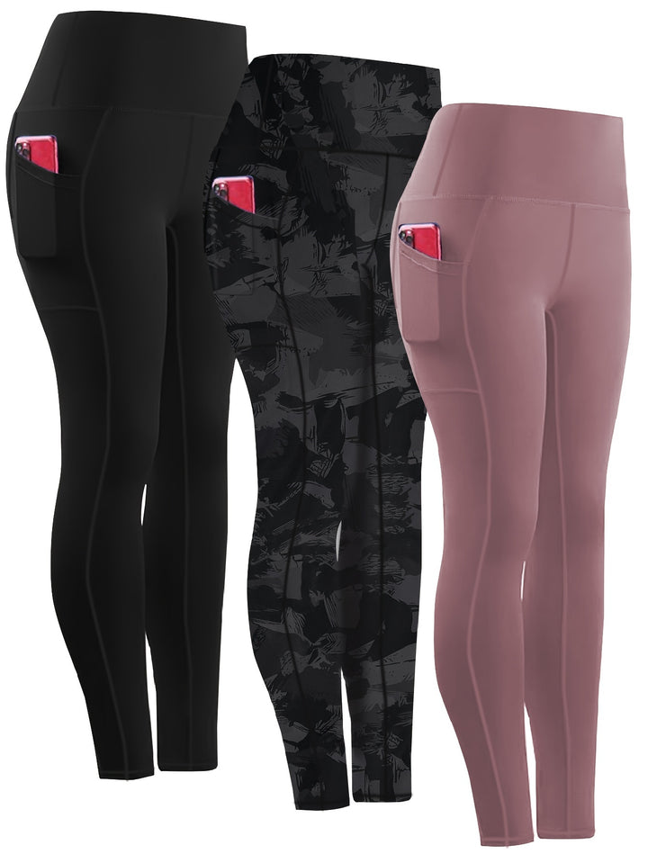 3 Pack Women's Sports Leggings Set, Plus Size High Waist Side Phone Pocket Stretchy Tummy Control Compression Yoga Running Leggings Pants 3pcs Set