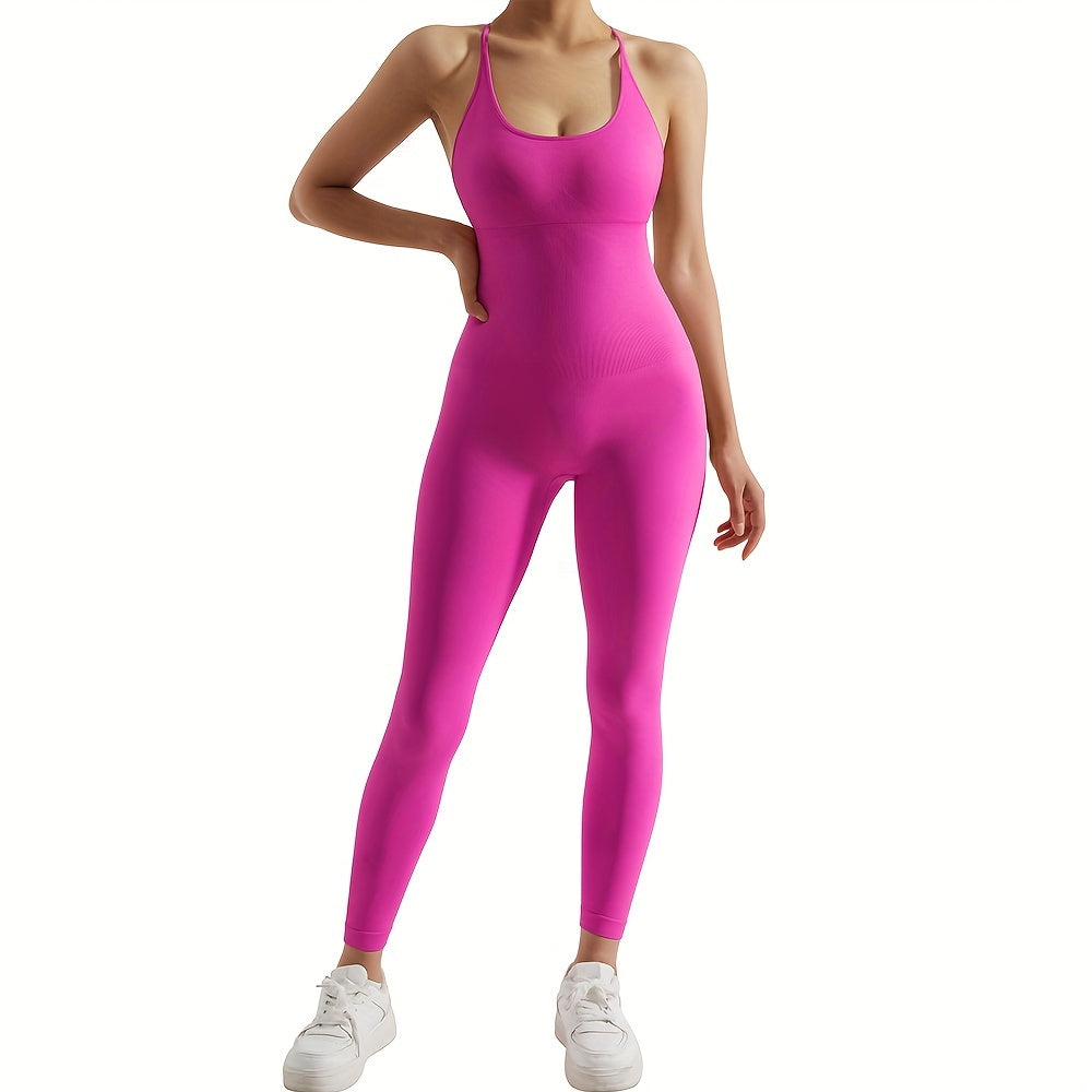 [Customer Favourite] Women's Sleek Backless Yoga Jumpsuit with Removable Pads - High-Waist, Stretchy Nylon/Spandex Blend, Machine Washable