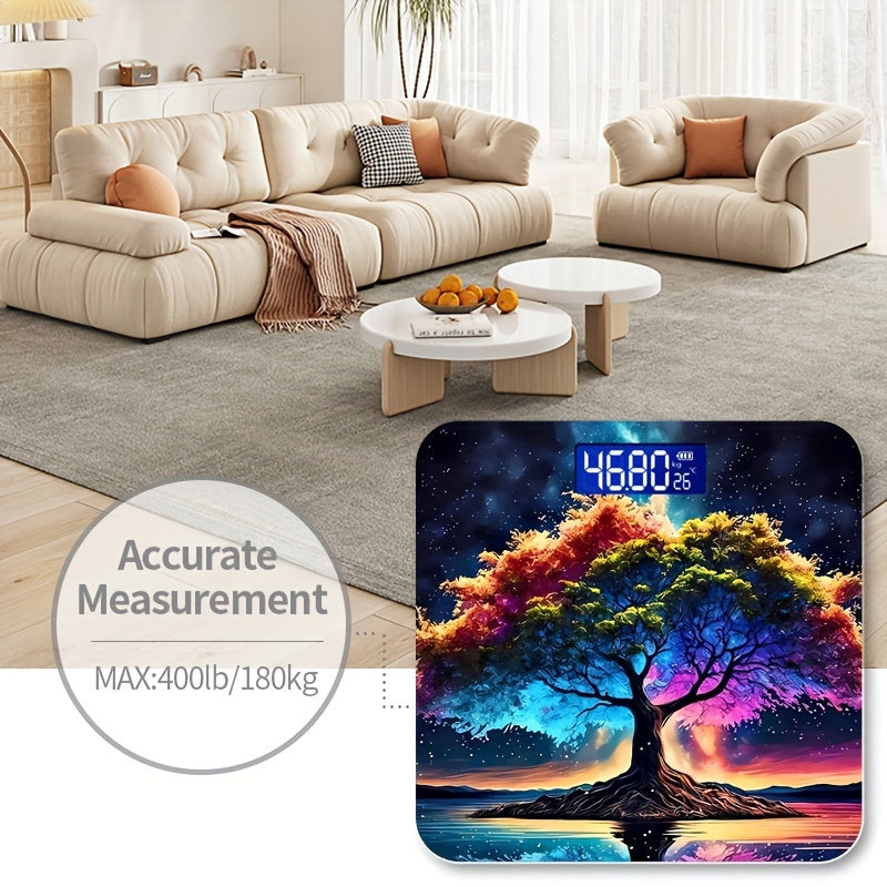 High Precision Digital Bathroom Scale with Vibrant Tree Design, Non-Slip, 396lb Capacity, AAA Battery Powered, Sensor Technology with 0.2kg Minimum Weighing - Batteries Not Included