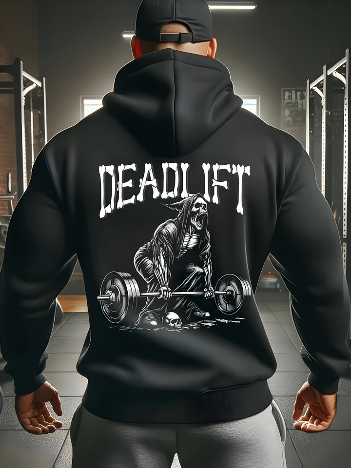 Warm Fleece-Lined Men's Hoodie with Skull & Letter Print - Stretchy Pullover for Gym, Running & Outdoor Activities