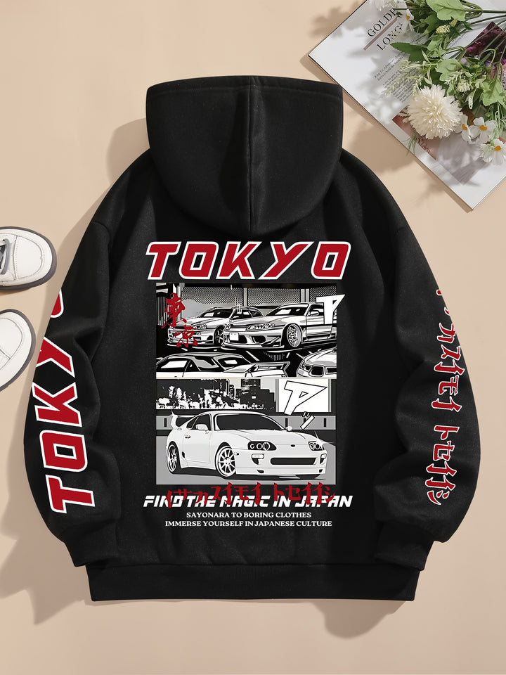 Women'S Casual Hooded Sweatshirt with Graphic Car Print, 100% Polyester Knit Fabric, All-Season Drawstring Hoodie, 250gsm - Fashionable & Comfortable