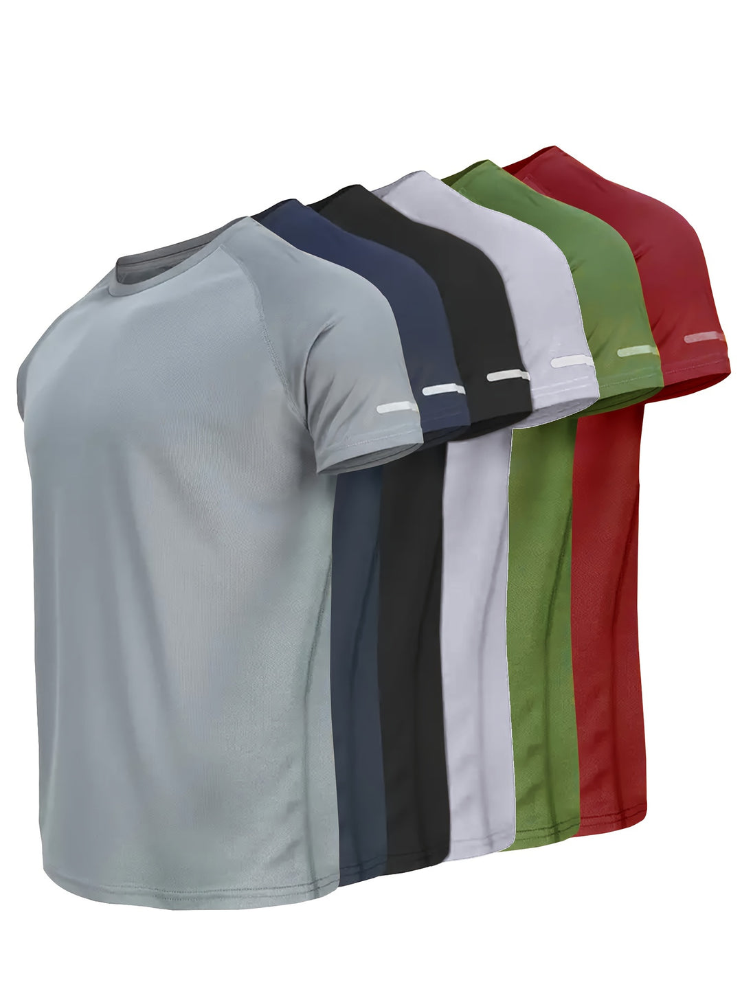 6pcs Men's Athletic Quick-Dry T-Shirts in Gray, Navy, Black, White, Army Green, Deep Red - Breathable Polyester, Short Sleeve Crew Neck with Reflective Logo Strips, Ideal for Gym, Running & Fitness, Casual Print, Moisture-wic