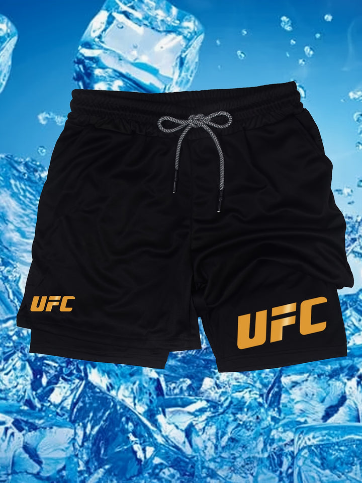 Men's UFC-Inspired Performance Shorts - Black, 100% Polyester with White Drawstring & "UFC" Print, Elastic Waistband, Ideal for Gym, Fitness, Boxing, Hiking, Daily Wear & Sports Activities