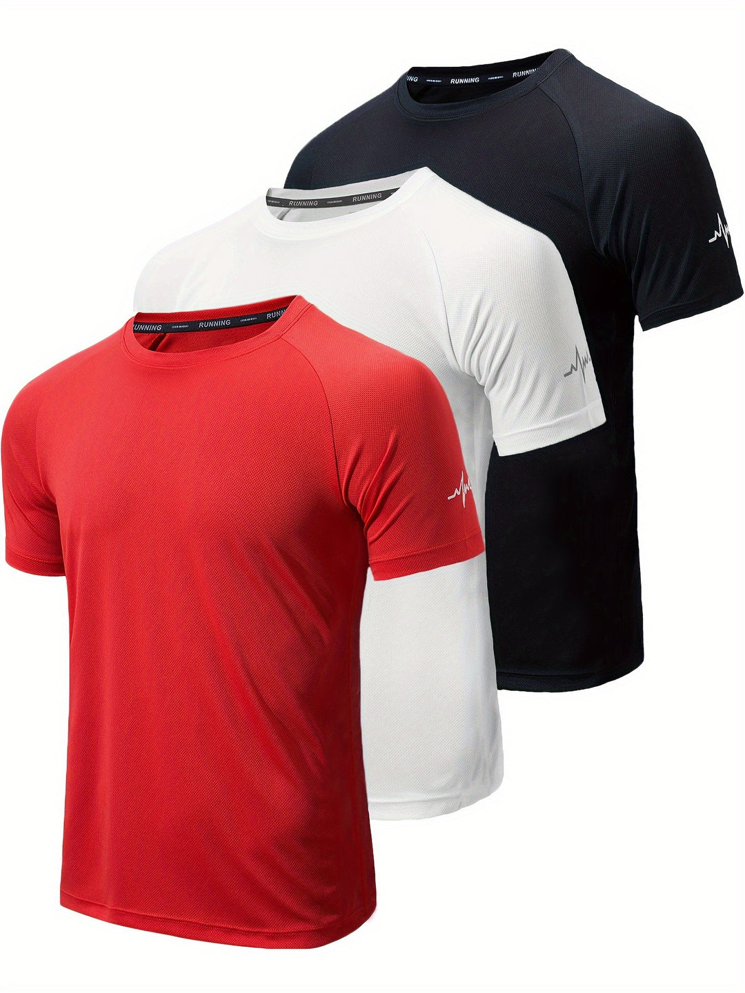 3pcs Men's Athletic Short Sleeve Crew Neck Moisture-wicking Shirts, Undershirt With Sleeve Electrocardiography Print, Sports Comfy Tee