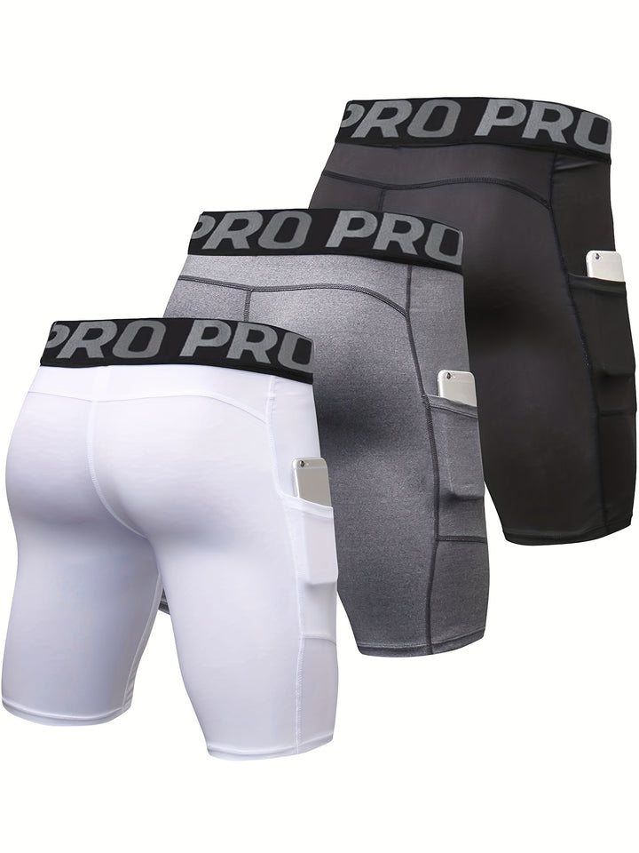 3pcs Men's High-Elastic Compression Shorts - PRO Pro Pro Design, Breathable & Stretchy Fabric, Perfect for Gym, Running & Sports Activities, Black with Side Pockets, Plus Size Shorts