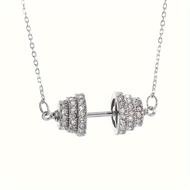 A Trendy And Creative Necklace With Zirconia Inlaid Dumbbell Pendant, Suitable For Both Men And Women For Casual Parties, Sports, Fitness, And As A Fashionable Accessory Gift.