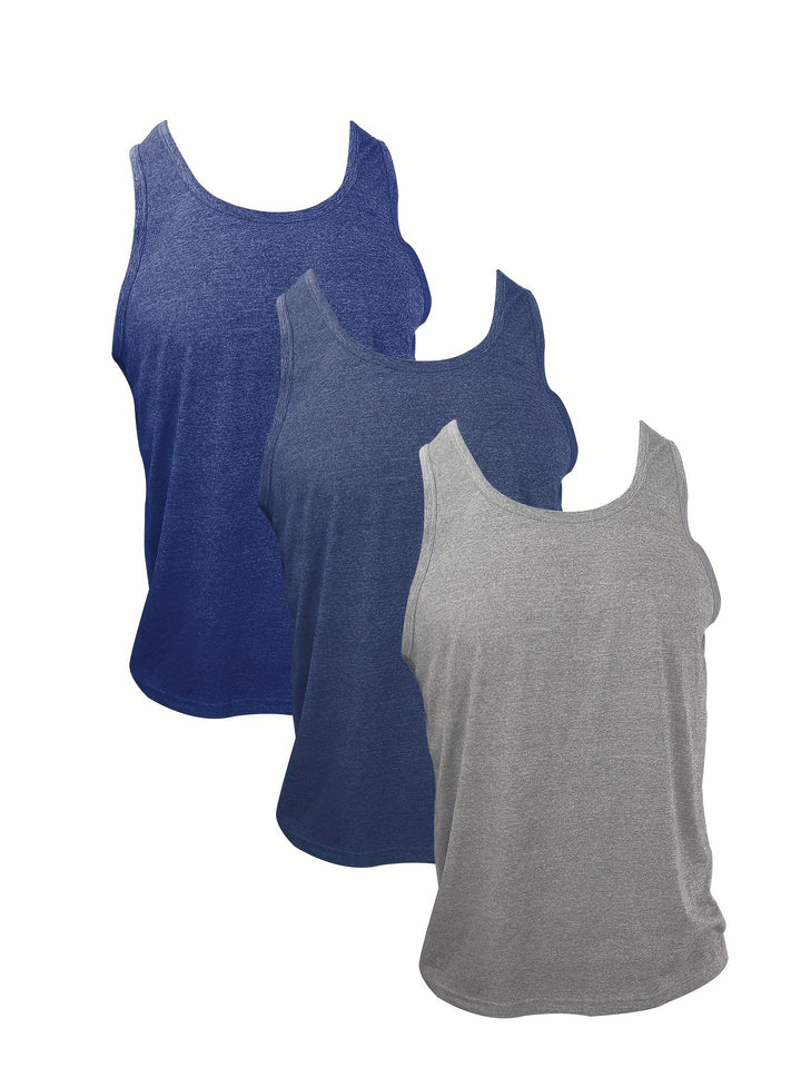 Men's 3pcs Set Of Casual And Chic Solid Crew Neck Sleeveless Sports Tank Tops, Sports Vest Suitable For Summer Fitness, Workout And Training Wear